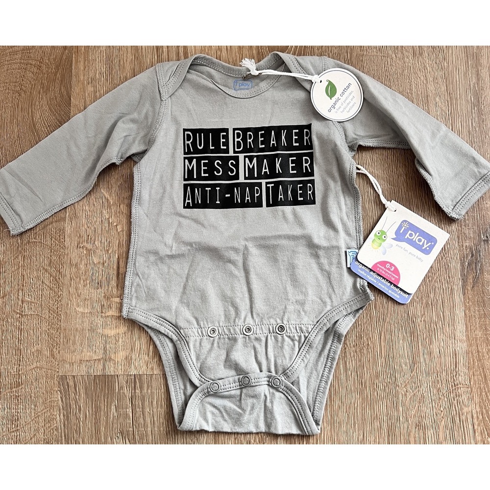 NWT i‎ Play Baby Organic 1pc Bodysuit Outfit Gray & Black Rule Breaker